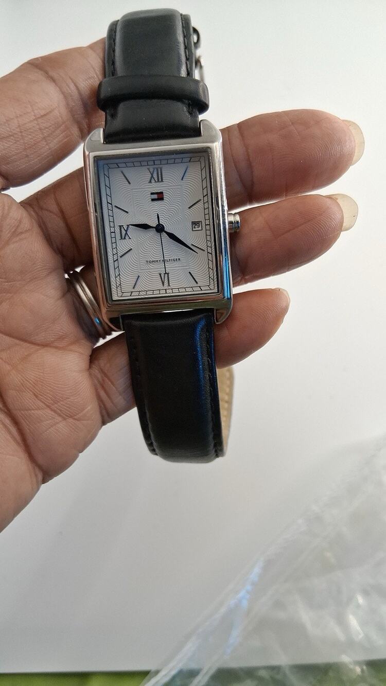 Tommy Hilfiger Mens Tank Watch Silver Tone Rectangular Case Black Leather Date